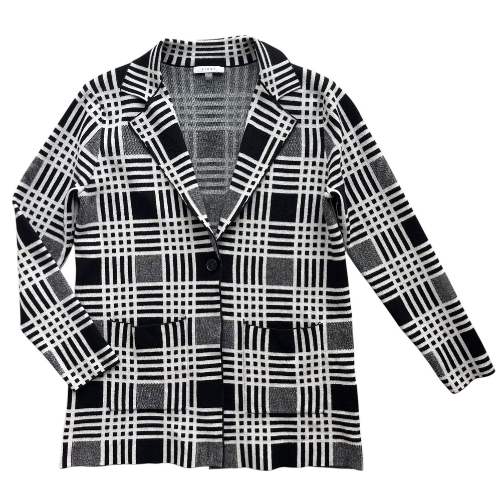 Sioni Womens S Black White Plaid Knit Button Blazer Cardigan Sweater Preppy Chic